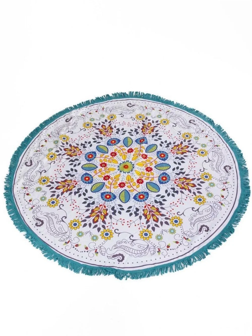 AndTheWhy Round Floral Medallion Beach Towel with Teal Fringe Boho Style NWT